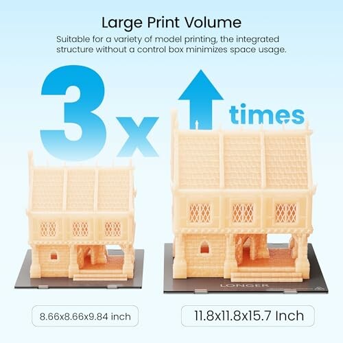Comparison of two 3D printed models with different sizes, highlighting large print volume.