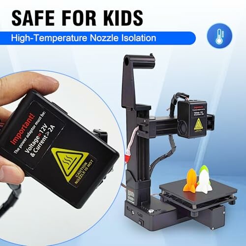 3D printer with high-temperature nozzle isolation for child safety.