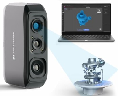 3D scanner projecting onto a model with a laptop displaying the model.