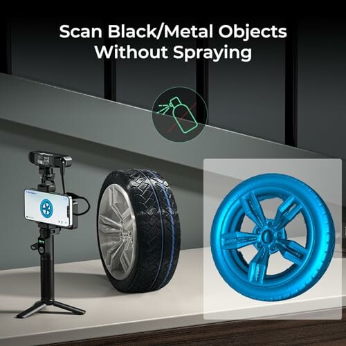 3D scanner setup with tire and digital scan display
