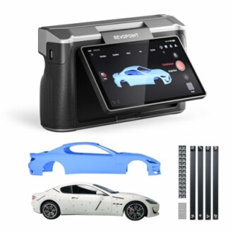 3D scanner displaying a car model with additional car models and markers.