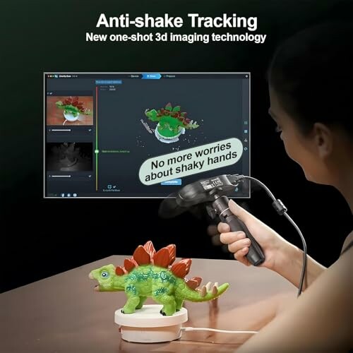 Person using anti-shake 3D imaging technology with a dinosaur model.