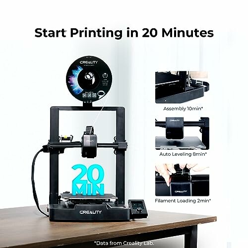 Creality 3D printer with setup steps and times.