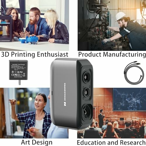 Collage of creative industries: 3D printing, manufacturing, art design, and education.