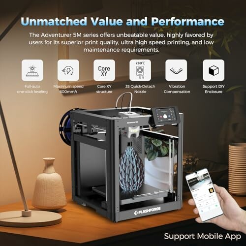 FlashForge Adventurer 5M 3D printer with features and mobile app.