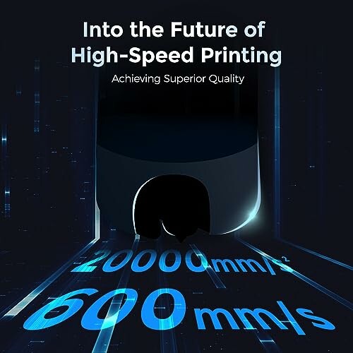 Futuristic high-speed printing concept with text: 20000mm/s², 600mm/s