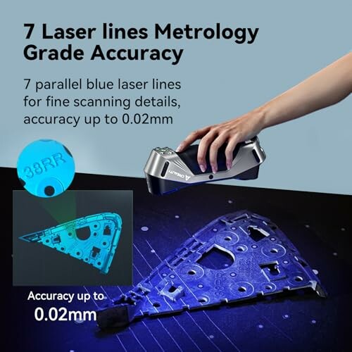 Hand using a scanner with 7 blue laser lines for precise measurements, accuracy up to 0.02mm.