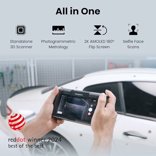 Person using a handheld 3D scanner on a car.
